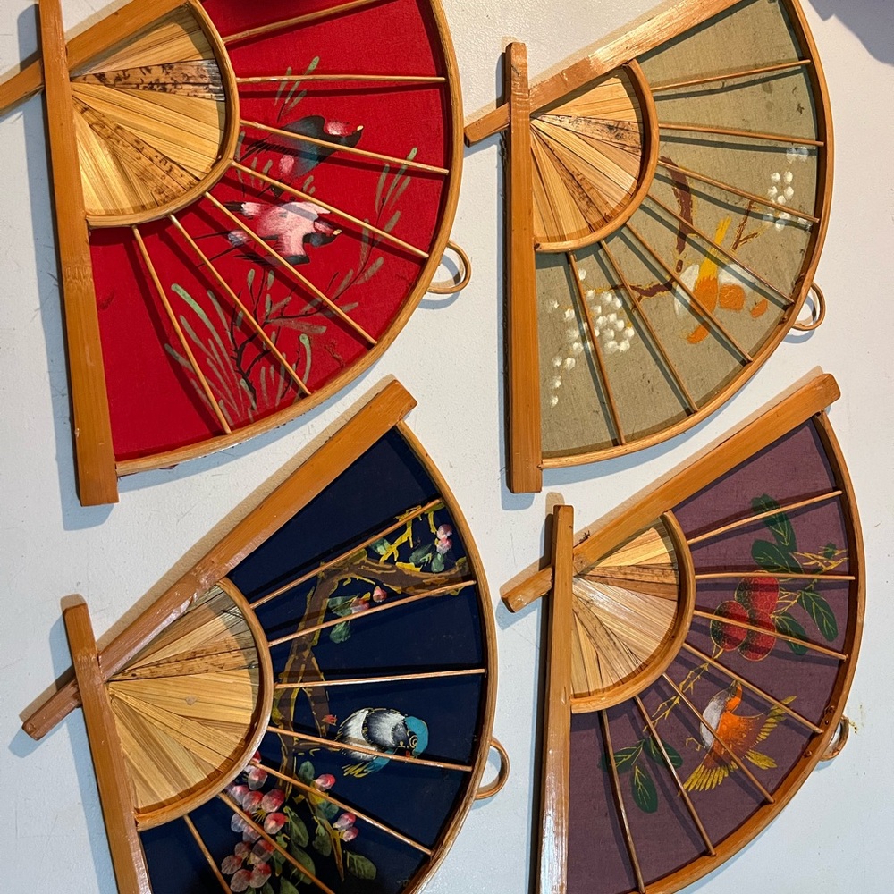 Set of Four Decorative Hand Fans with Floral Designs wall hangings